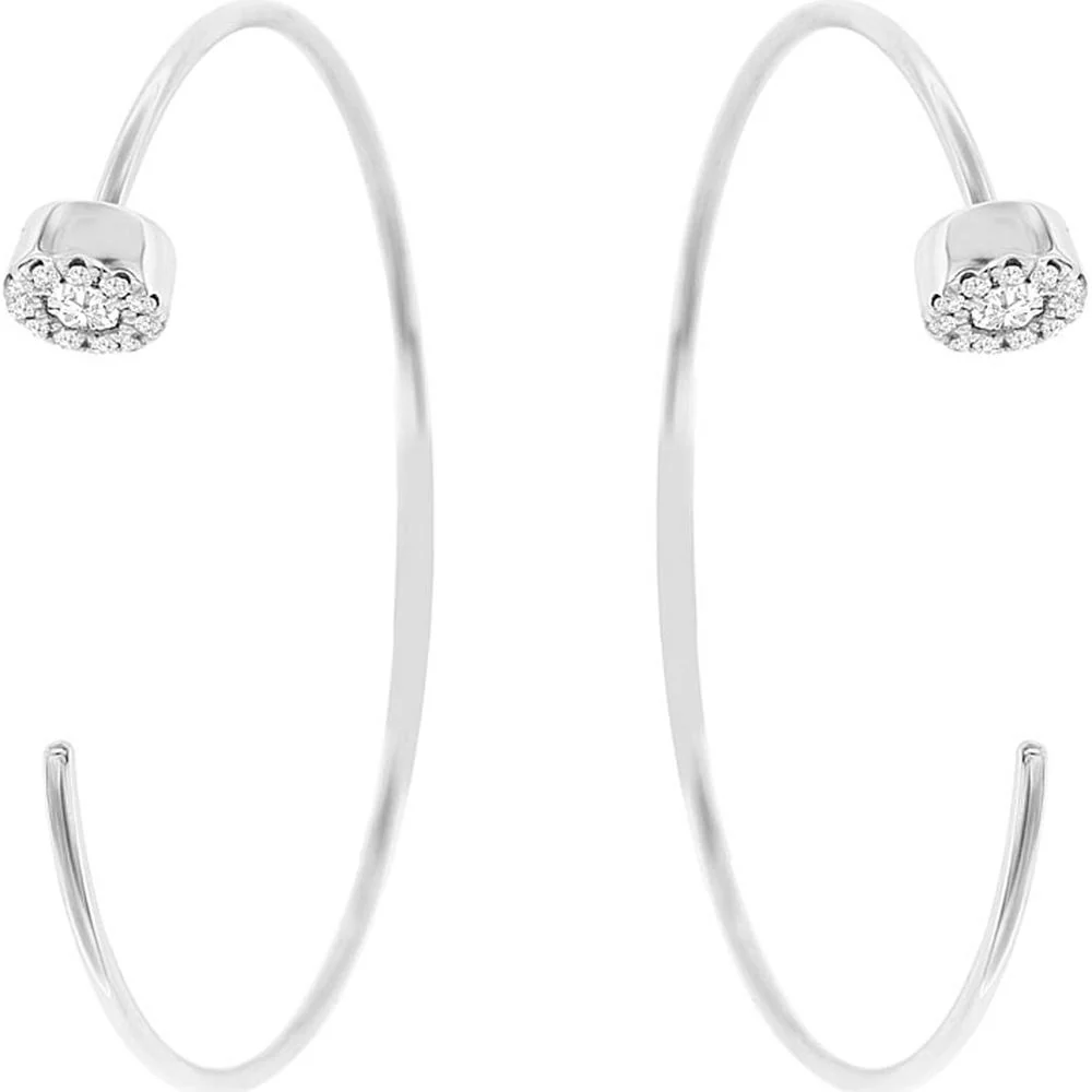 14K White Gold Small Hoop Earrings with Floral Diamond Cluster - 0.20 Carat Total Diamond Weight - Royal Jewelry