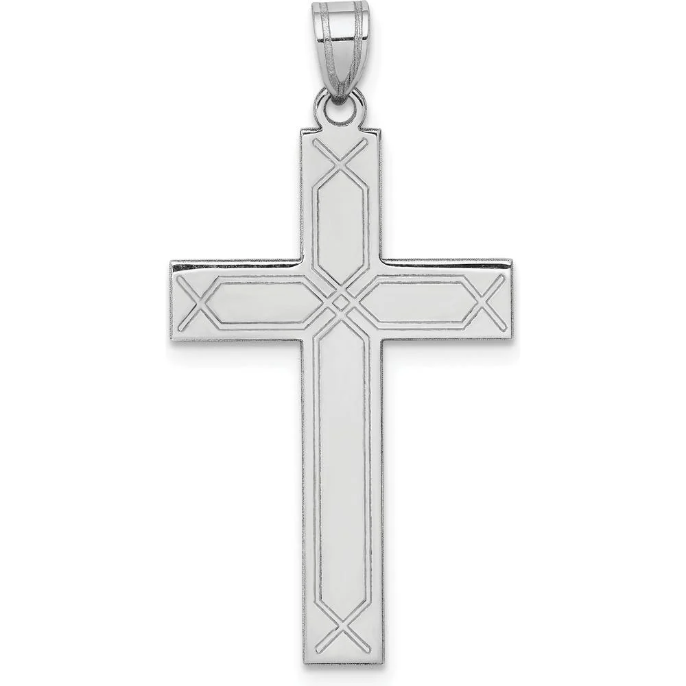 14K White Gold Solid Laser Etched Cross Pendant with Rhodium Plating by Oro Pregiato
