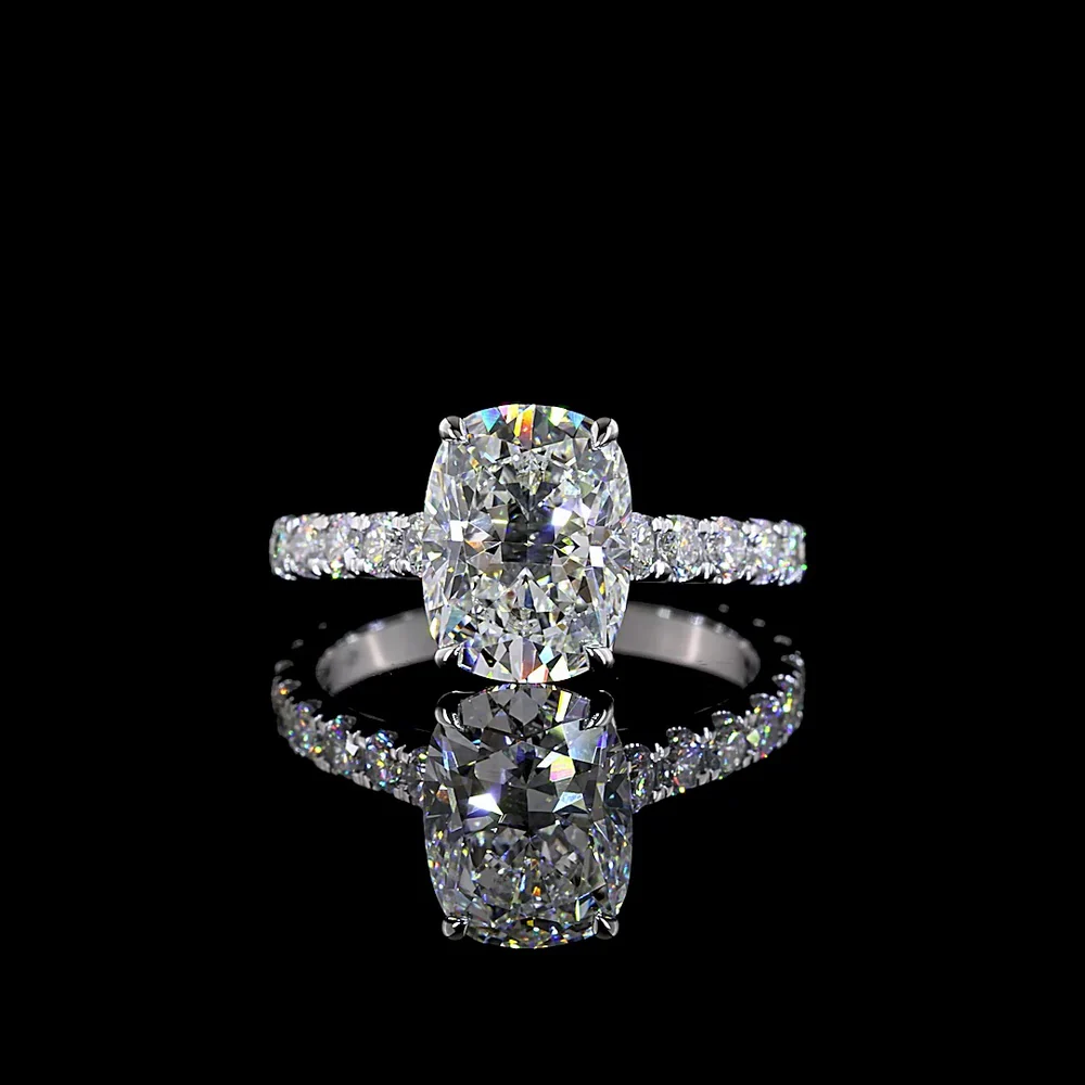 14K White Gold Solitaire Shank Ring with 3.04 Carat Cushion Brilliant Lab Diamond and 0.99 Carat Accent Diamonds - 4.03 Total Carat Weight - Covaloro Fine Jewelry