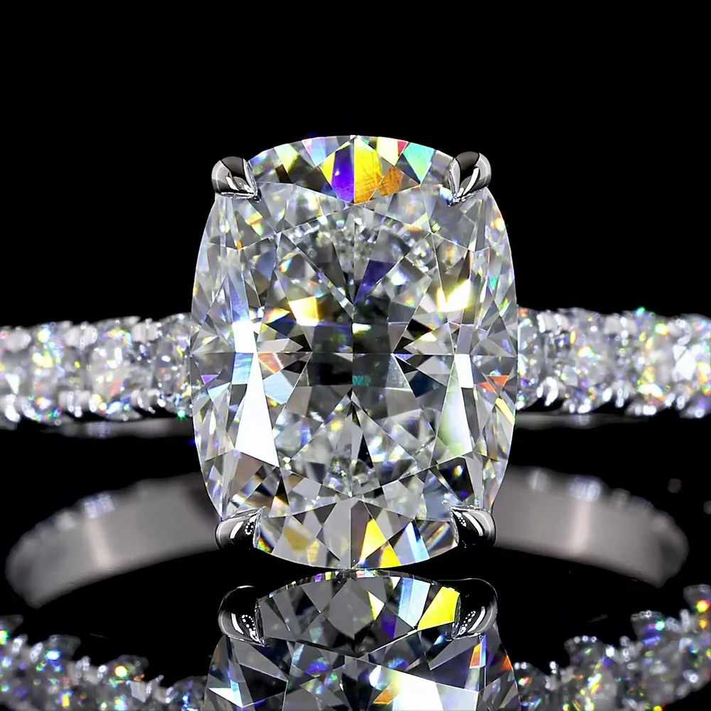 14K White Gold Solitaire Shank Ring with 3.04 Carat Cushion Brilliant Lab Diamond and 0.99 Carat Accent Diamonds - 4.03 Total Carat Weight - Covaloro Fine Jewelry - Image 2