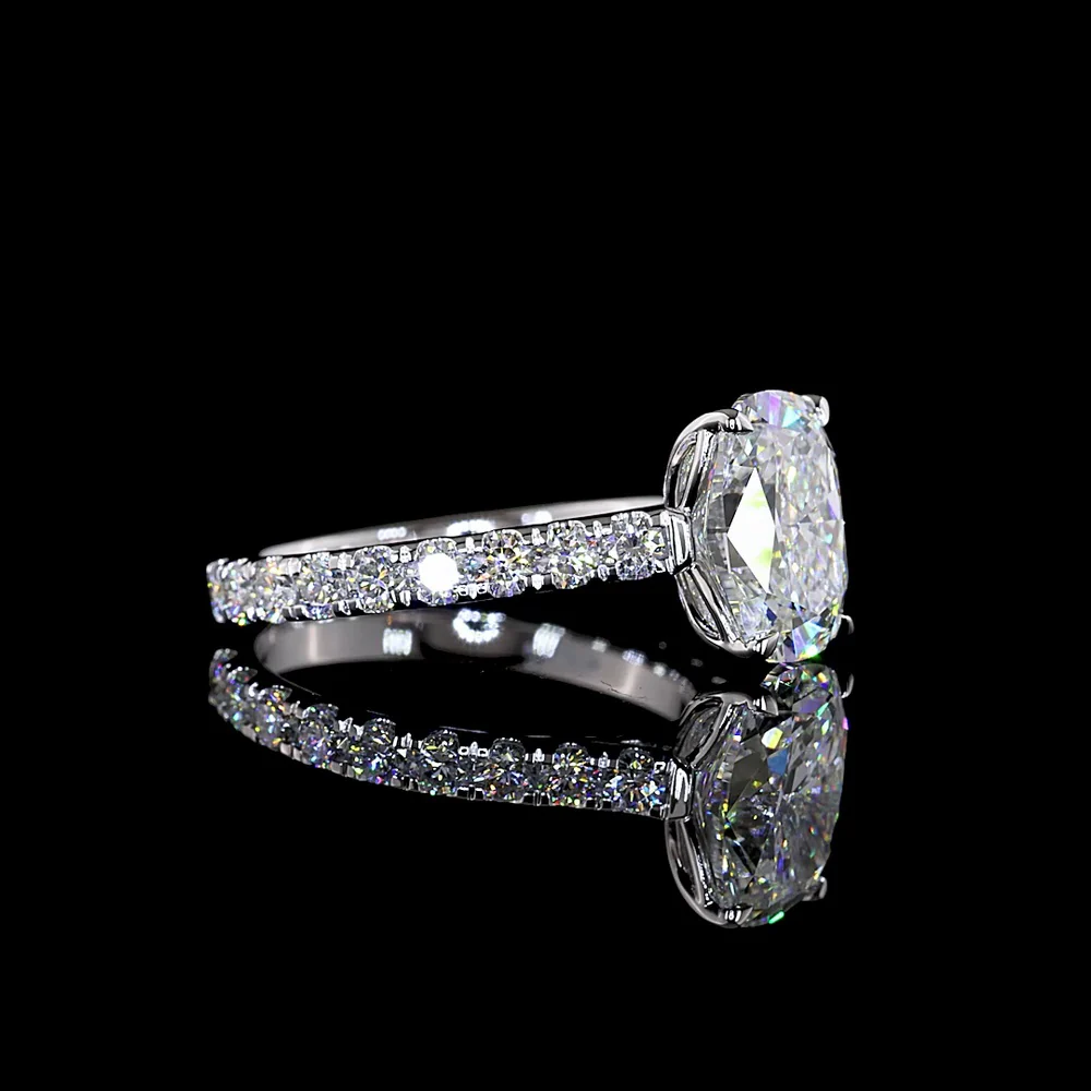 14K White Gold Solitaire Shank Ring with 3.04 Carat Cushion Brilliant Lab Diamond and 0.99 Carat Accent Diamonds - 4.03 Total Carat Weight - Covaloro Fine Jewelry - Image 3
