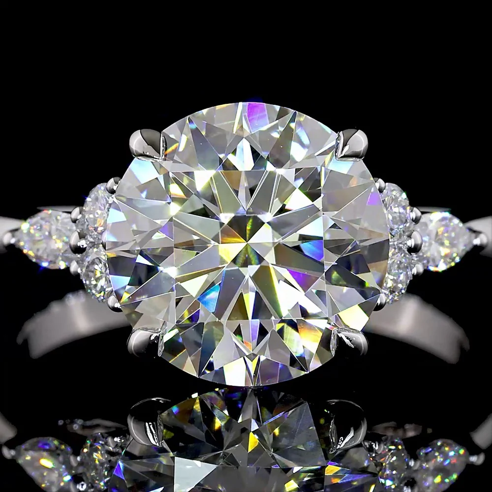 14K White Gold Special Ring with 3.33 Carat Round Brilliant Cut Lab Diamond Center, Marquise and Round Side Stones - 3.58 Carat Total Diamond Weight - Covaloro Fine Jewelry - Image 2