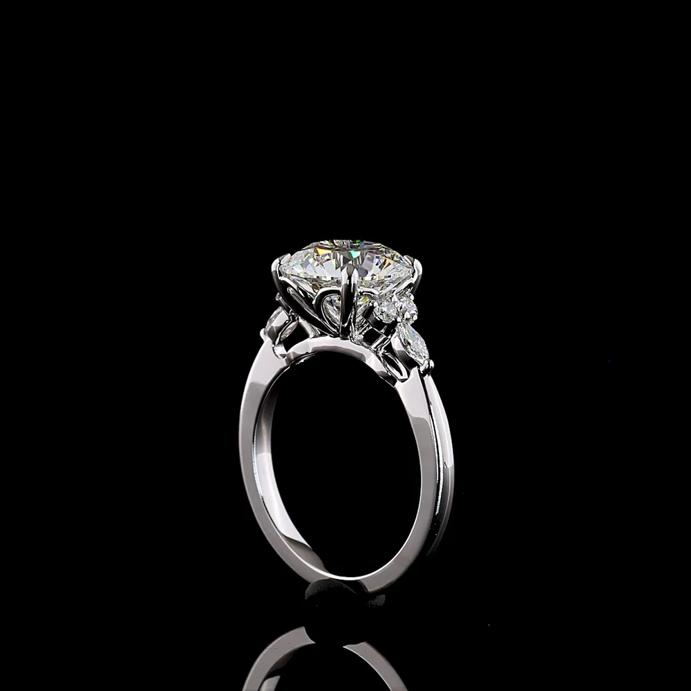 14K White Gold Special Ring with 3.33 Carat Round Brilliant Cut Lab Diamond Center, Marquise and Round Side Stones - 3.58 Carat Total Diamond Weight - Covaloro Fine Jewelry - Image 3
