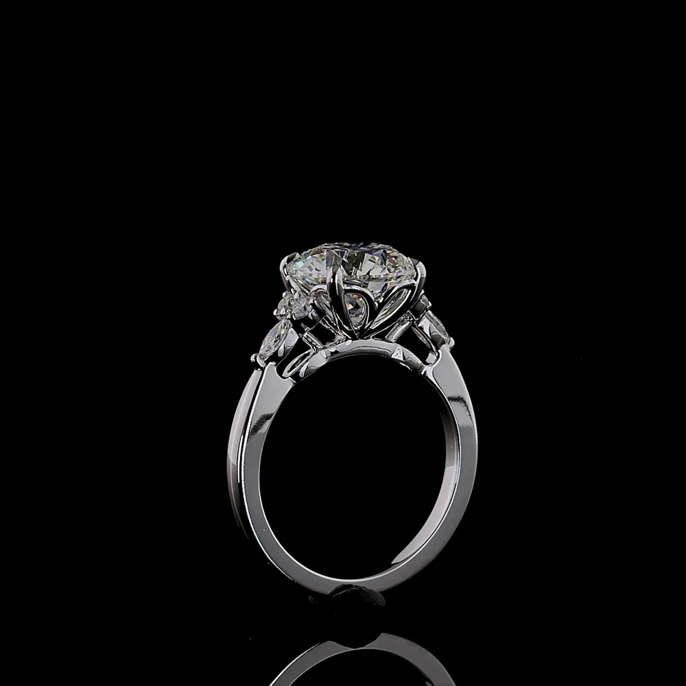 14K White Gold Special Ring with 3.33 Carat Round Brilliant Cut Lab Diamond Center, Marquise and Round Side Stones - 3.58 Carat Total Diamond Weight - Covaloro Fine Jewelry - Image 4