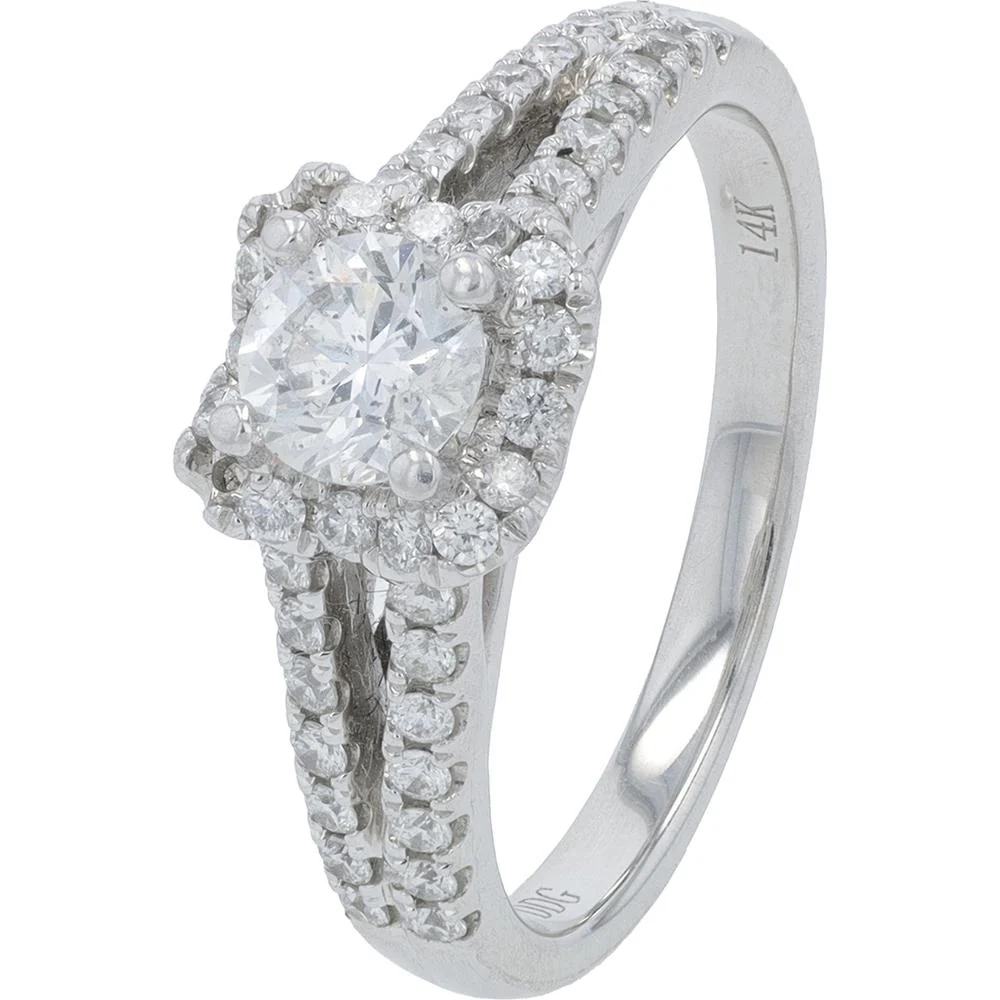 14K White Gold Split - Shank Halo Diamond Engagement Ring - 1.00 Carat Total Diamond Weight