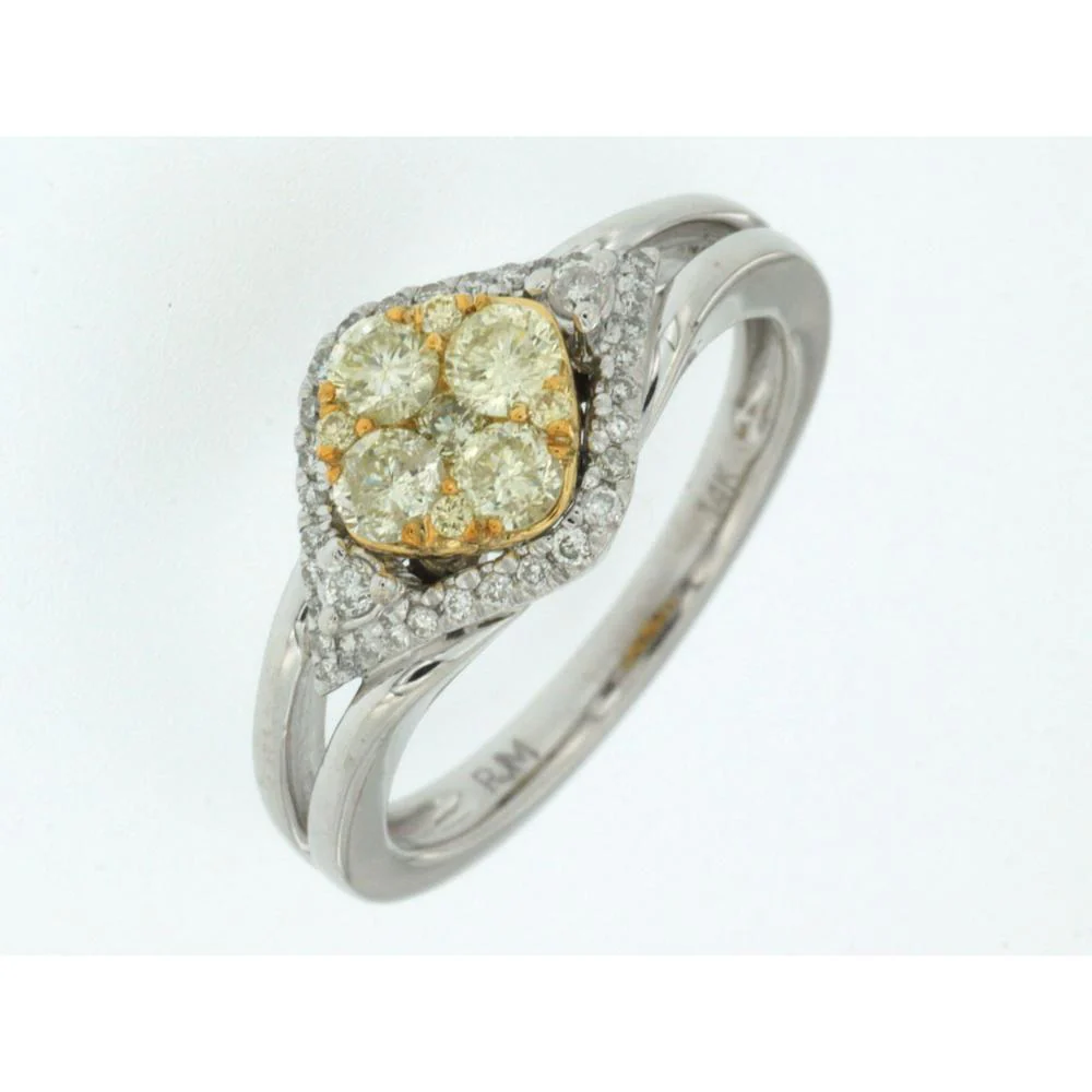 14K White Gold Split Shank Halo Ring with 0.38 Carat Round Yellow Diamond Cluster and 0.20 Carat White Diamond Accents - Royal Jewelry