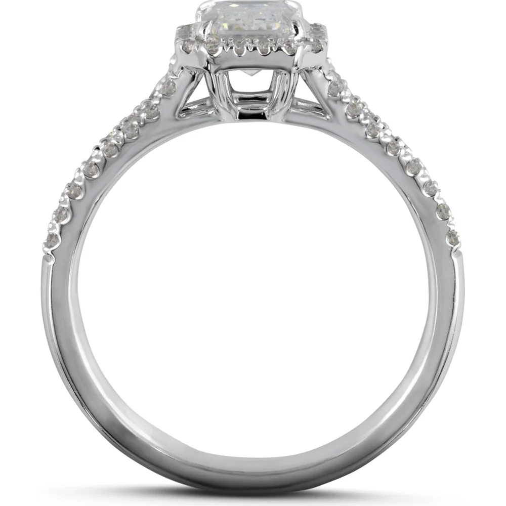 14K White Gold Split Shank Halo Ring with 1.01 Carat Emerald Cut Lab Diamond Core and 0.41 Carat Brilliant Round Diamond Accents - 1.42 Total Carat Weight - Covaloro Fine Jewelry - Image 2