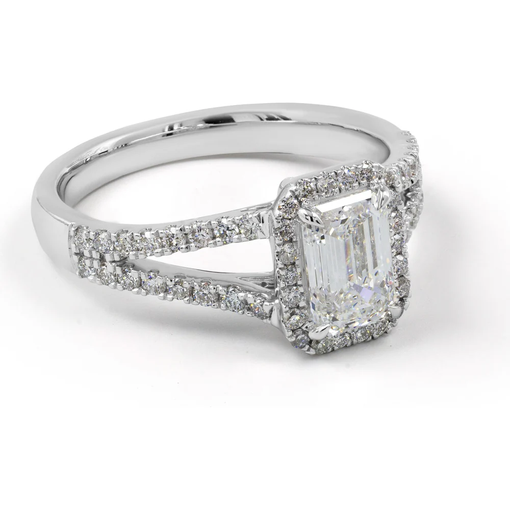 14K White Gold Split Shank Halo Ring with 1.01 Carat Emerald Cut Lab Diamond Core and 0.41 Carat Brilliant Round Diamond Accents - 1.42 Total Carat Weight - Covaloro Fine Jewelry - Image 4