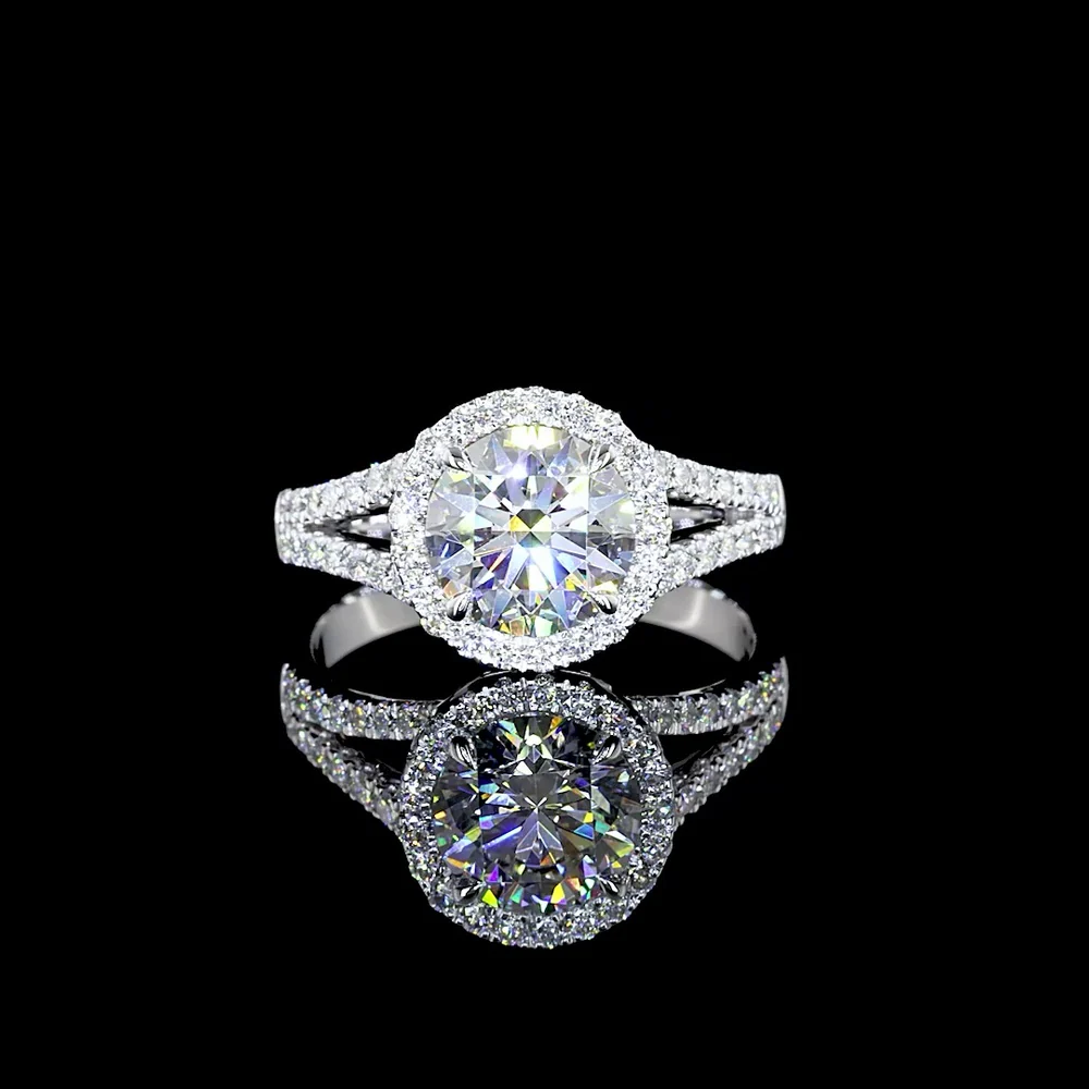 14K White Gold Split Shank Halo Ring with 1.59 Carat E VVS1 Round Lab Diamond Center and 0.45 Carat Diamond Accents - 2.04 Total Carat Weight - Covaloro Fine Jewelry