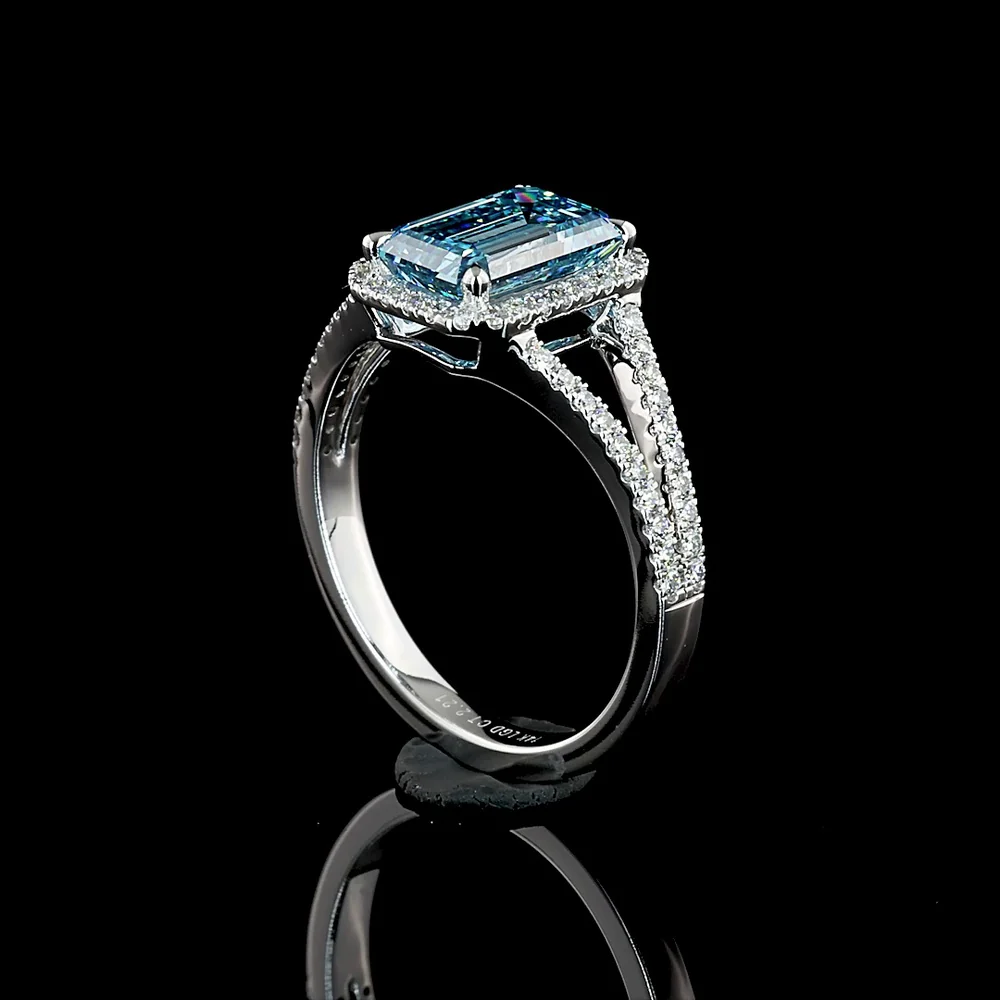 14K White Gold Split Shank Halo Ring with 1.88 Carat Emerald Cut Fancy Vivid Blue Lab Diamond and 0.33 Carat Brilliant Cut Diamonds - 2.21 Carat Total Weight - Covaloro Fine Jewelry - Image 2