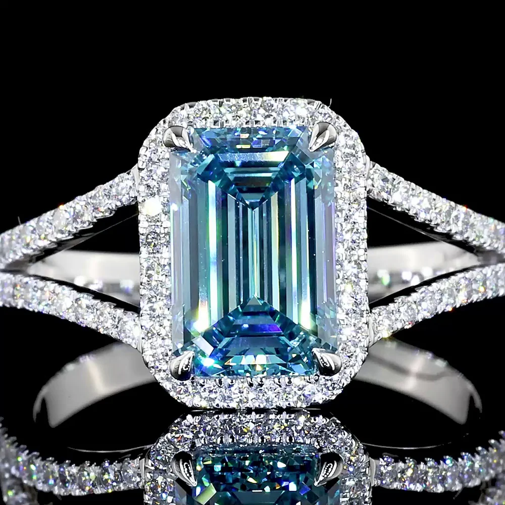 14K White Gold Split Shank Halo Ring with 1.88 Carat Emerald Cut Fancy Vivid Blue Lab Diamond and 0.33 Carat Brilliant Cut Diamonds - 2.21 Carat Total Weight - Covaloro Fine Jewelry - Image 3