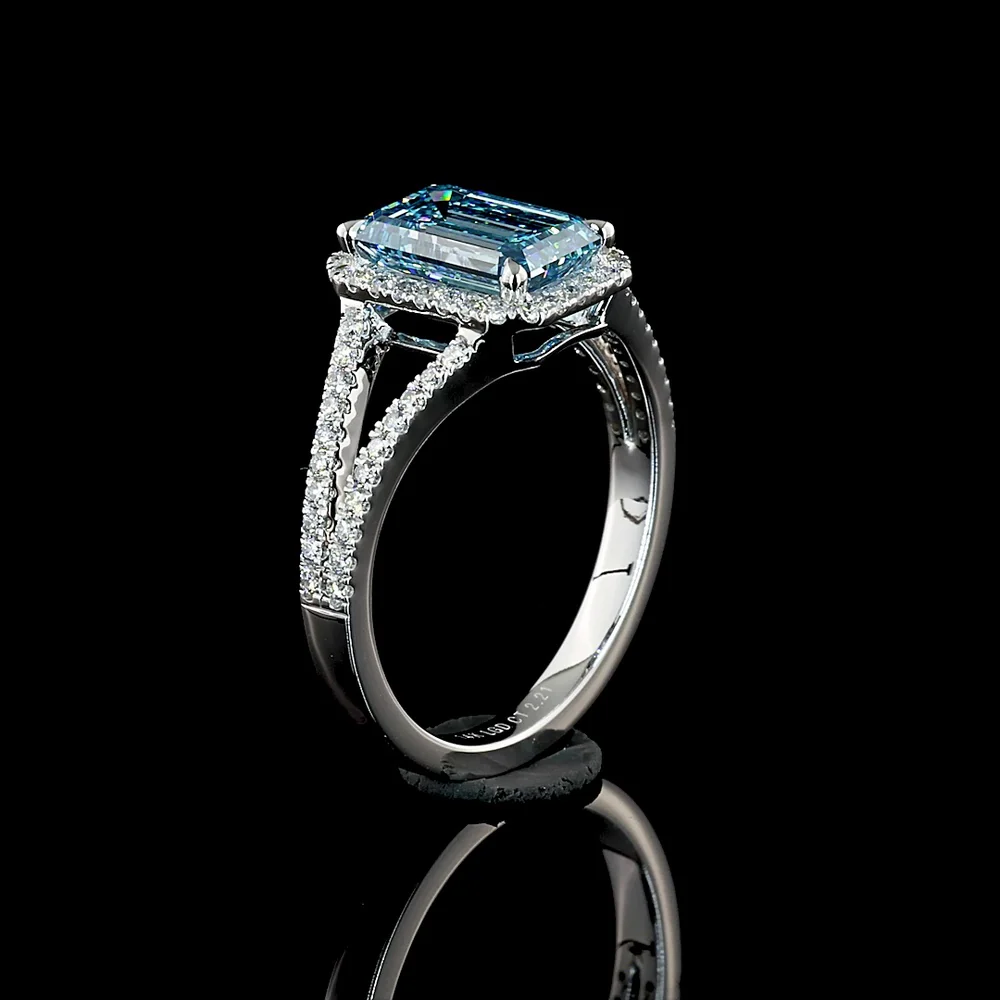 14K White Gold Split Shank Halo Ring with 1.88 Carat Emerald Cut Fancy Vivid Blue Lab Diamond and 0.33 Carat Brilliant Cut Diamonds - 2.21 Carat Total Weight - Covaloro Fine Jewelry - Image 4
