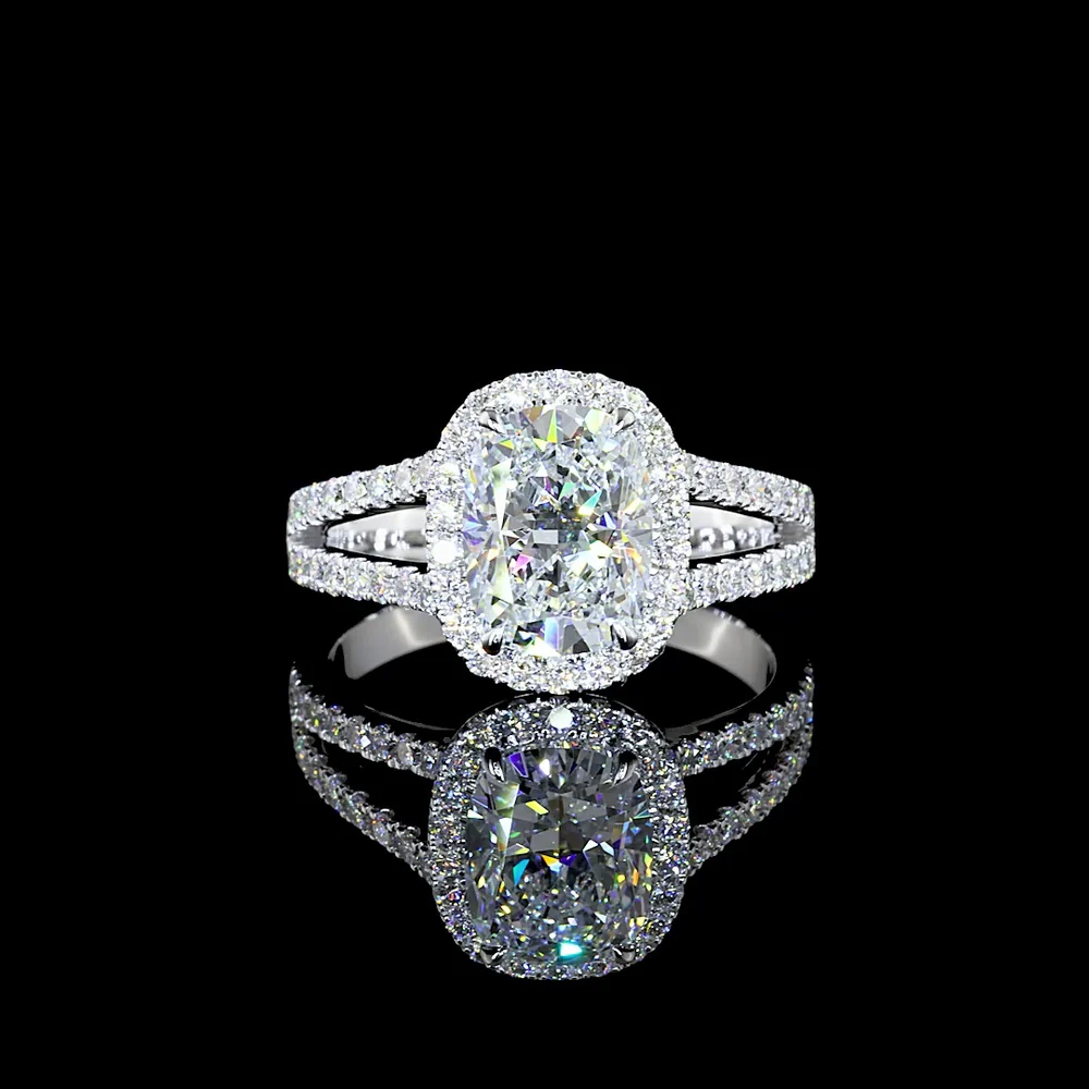 14K White Gold Split Shank Halo Ring with 1.93 Carat Cushion Brilliant Lab Diamond and 0.59 Carat Diamond Accents - 2.52 Carat Total Diamond Weight - Covaloro Fine Jewelry
