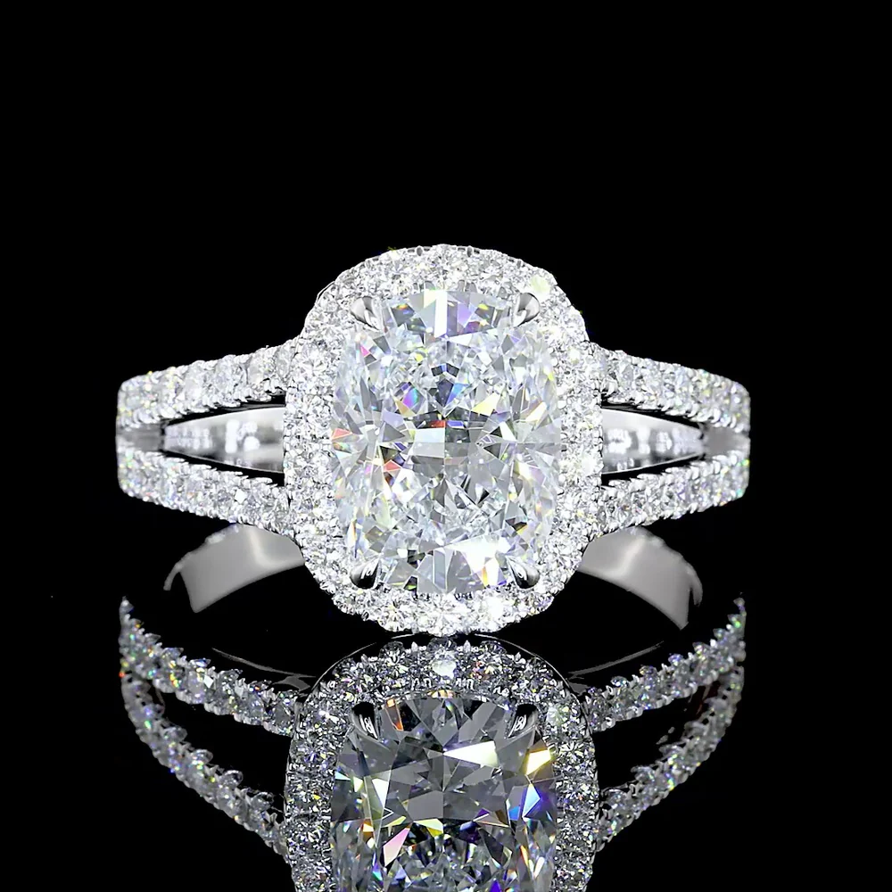 14K White Gold Split Shank Halo Ring with 1.93 Carat Cushion Brilliant Lab Diamond and 0.59 Carat Diamond Accents - 2.52 Carat Total Diamond Weight - Covaloro Fine Jewelry - Image 2