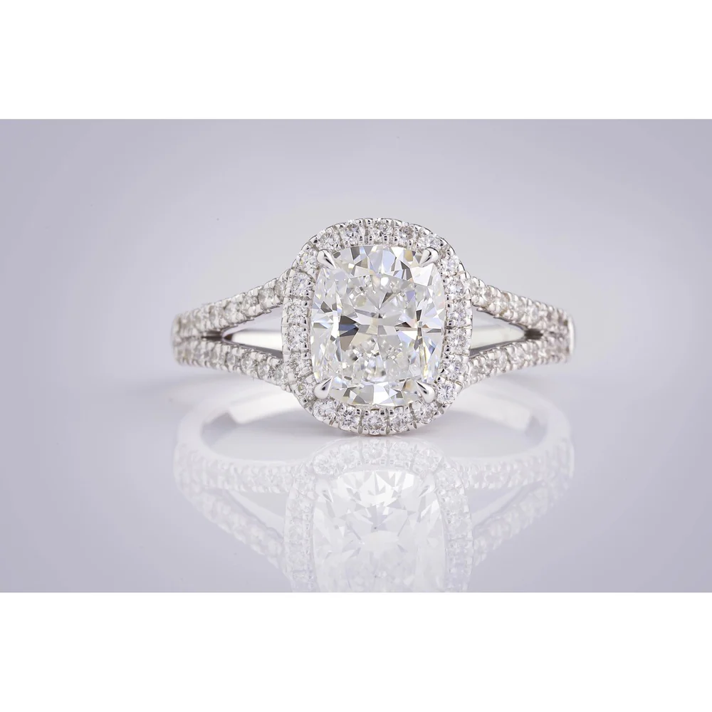 14K White Gold Split Shank Halo Ring with 3.02 Carat Cushion Cut Lab Diamond and 0.91 Carat Round Brilliant Accents - 3.93 Carat Total Weight - Covaloro Fine Jewelry - Image 2