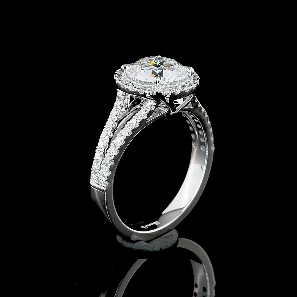 14K White Gold Split Shank Halo Ring with 4.20 Carat Round Brilliant Lab Diamond and 0.76 Carat Accent Diamonds - 4.96 Carat Total Diamond Weight - Covaloro Fine Jewelry - Image 4