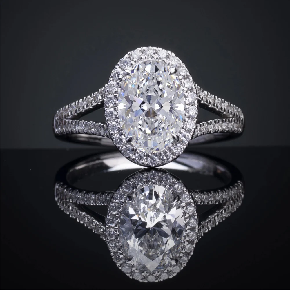 14K White Gold Split Shank Halo Ring with 7.00 Carat Oval Lab Diamond and 1.00 Carat Accent Diamonds - 8.00 Carat Total Diamond Weight D VS2 GIA Certified - Covaloro Fine Jewelry