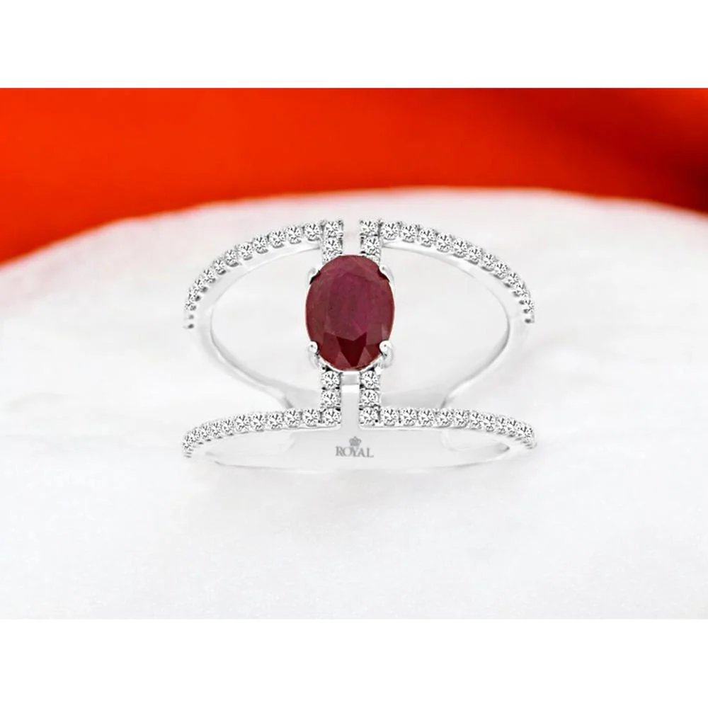 14K White Gold Split Shank Ring with 0.90 Carat Oval Ruby and 0.35 Carat Round Diamond Accents - Royal Jewelry - Image 2