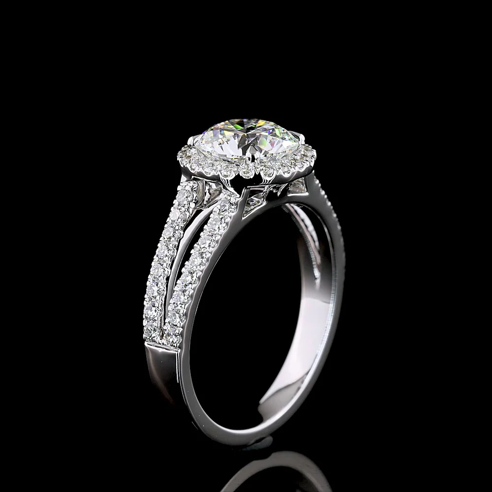 14K White Gold Split Shank Ring with 1.03 Carat Round Brilliant Cut Lab Diamond and Halo Setting - 1.42 Carat Total Diamond Weight - Covaloro Fine Jewelry - Image 4
