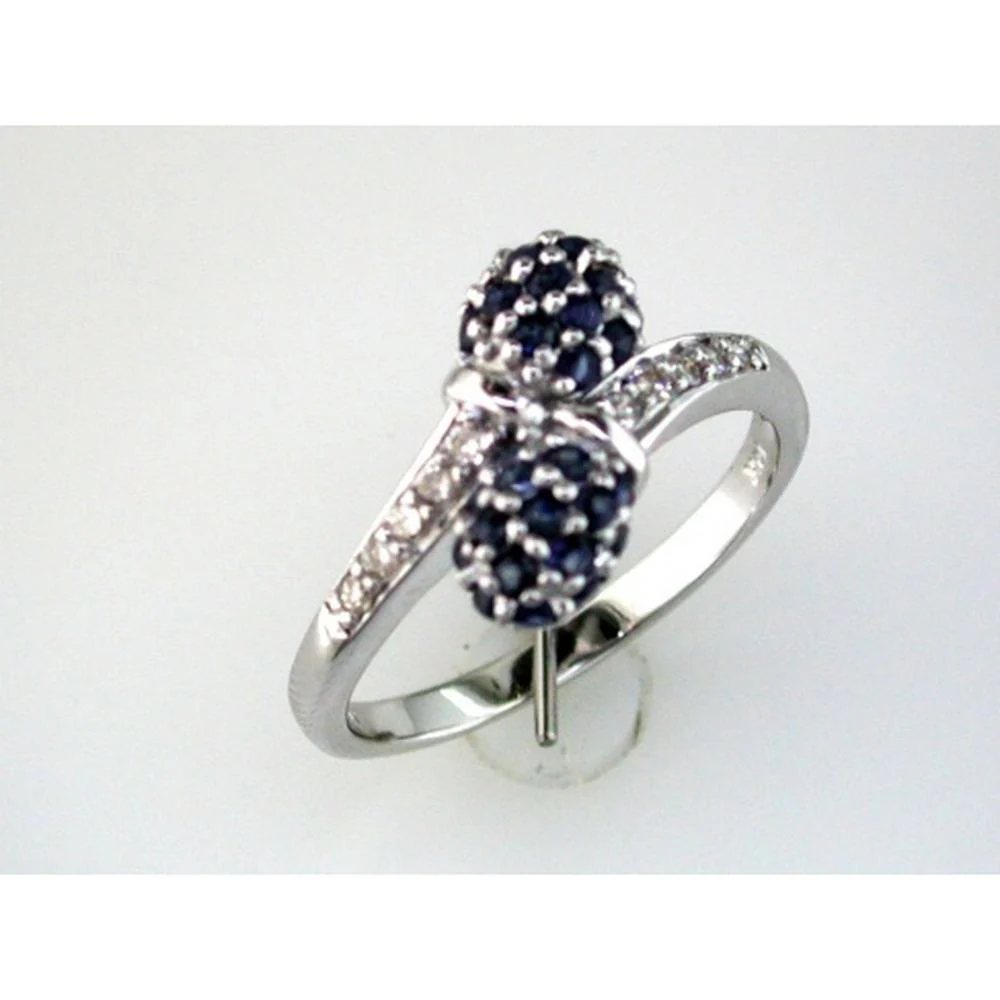 14K White Gold Split Shank Ring with Clustered Round Sapphires and Accent Diamonds - 0.90 Carat Sapphire Total Weight, 0.14 Carat Diamond Total Weight - Royal Jewelry