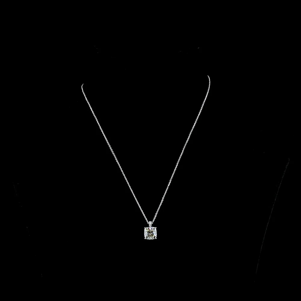 14K White Gold Square Antique Cushion Cut Lab Diamond Pendant Necklace - 3.09 Carat Total Diamond Weight (3.01 Carat Center + Accents) - Covaloro Fine Jewelry