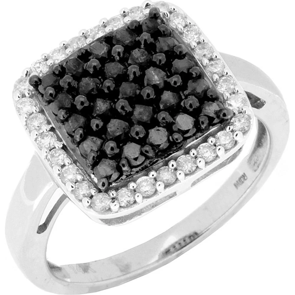 14K White Gold Square Halo Cluster Ring with 0.70 Carat Black Diamonds and 0.30 Carat White Diamonds - Royal Jewelry