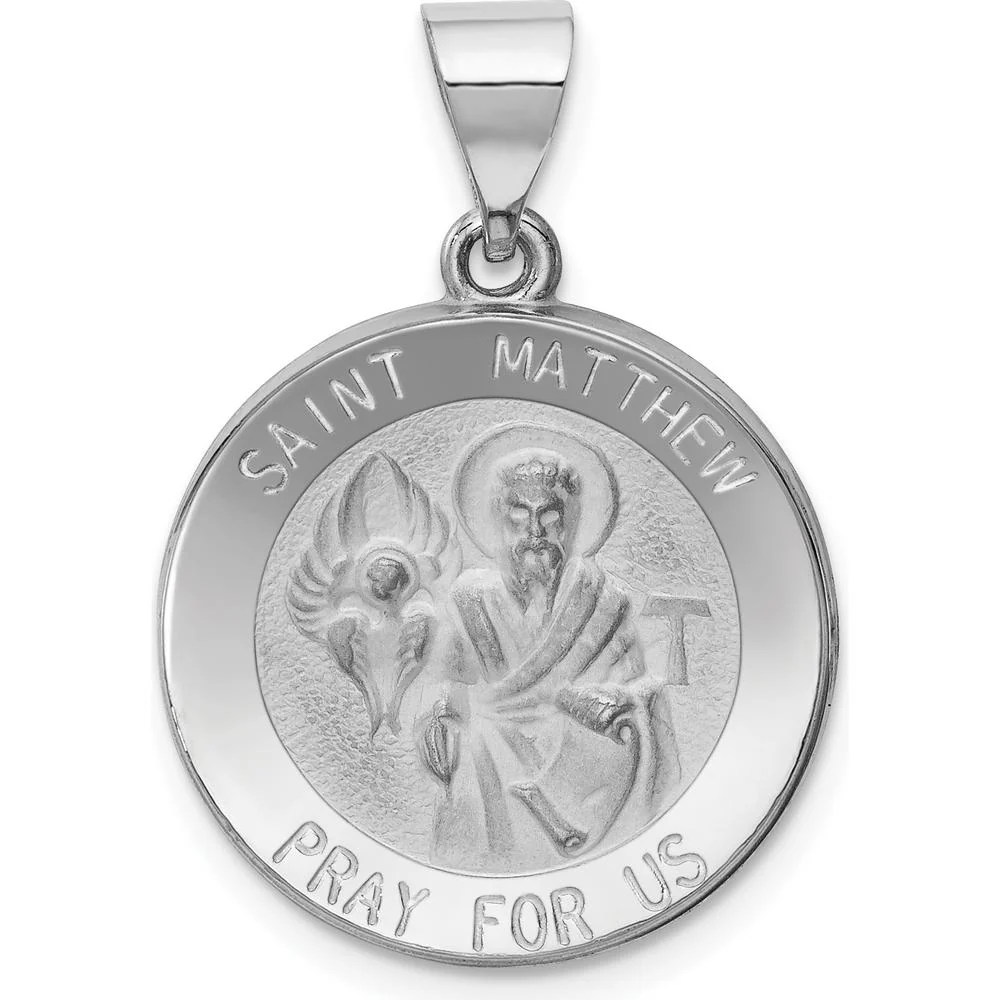 14K White Gold St. Matthew Medal Round Pendant with Rhodium Plating - Spiritual Faith Charm by Oro Pregiato