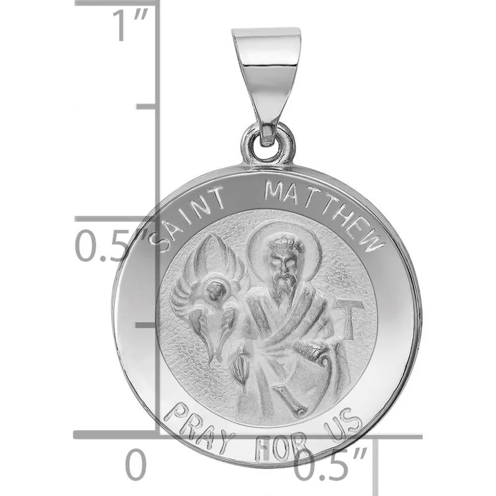 14K White Gold St. Matthew Medal Round Pendant with Rhodium Plating - Spiritual Faith Charm by Oro Pregiato - Image 3