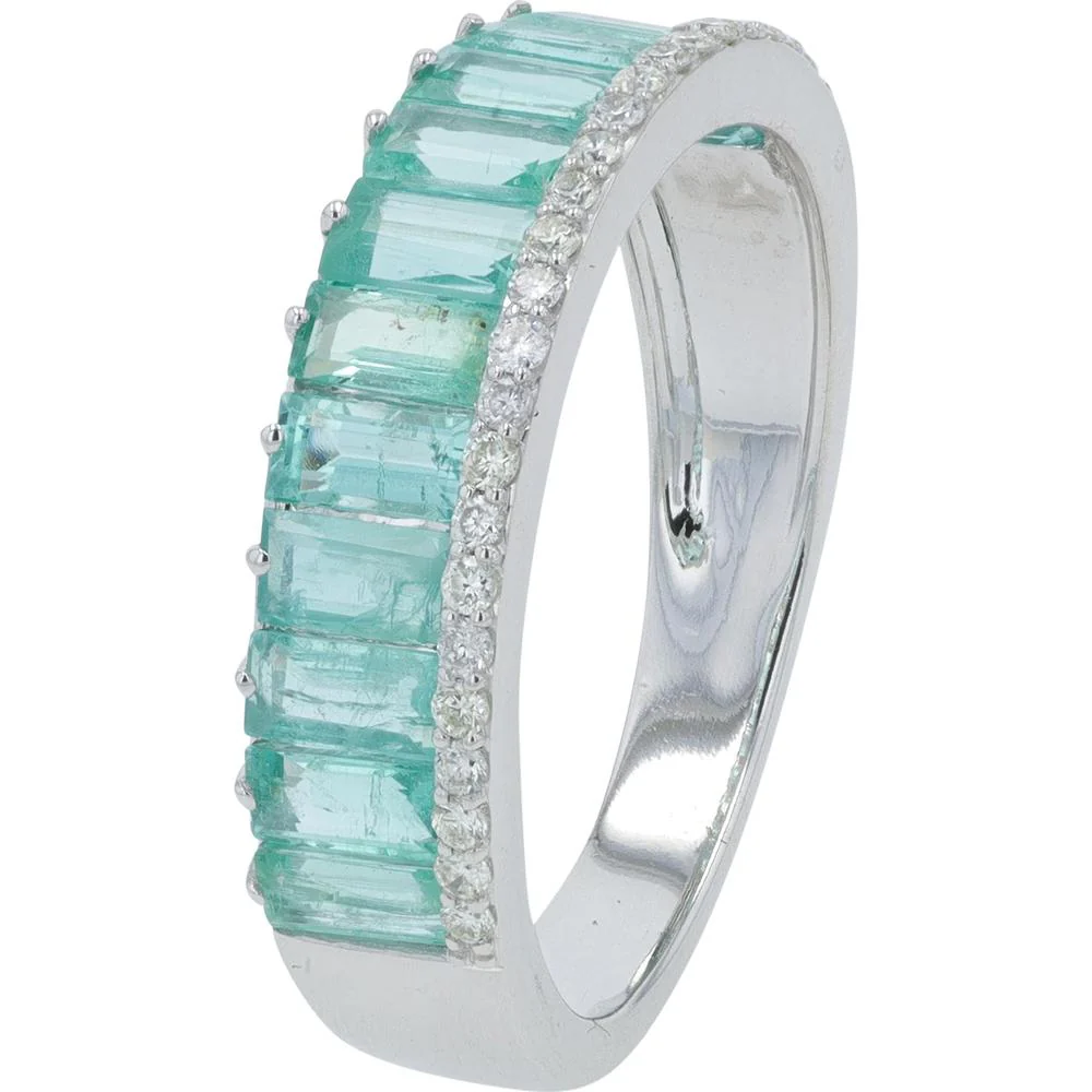 14K White Gold Stackable Baguette Emerald Band with Round Diamond Accents - 1.50 - 2.00 Carat Total Emerald Weight / 0.15 Carat Total Diamond Weight
