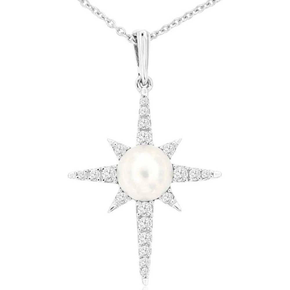 14K White Gold Starburst Pendant Necklace with Round Pearl and 0.20 Carat Diamonds - Royal Jewelry