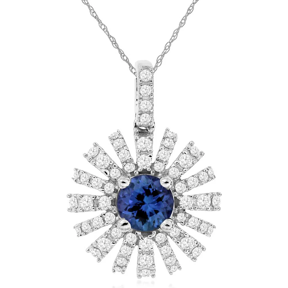 14K White Gold Starburst Pendant with Round Tanzanite and Diamond Accents - 0.50 Carat Tanzanite & 0.33 Carat Total Diamond Weight - Royal Jewelry