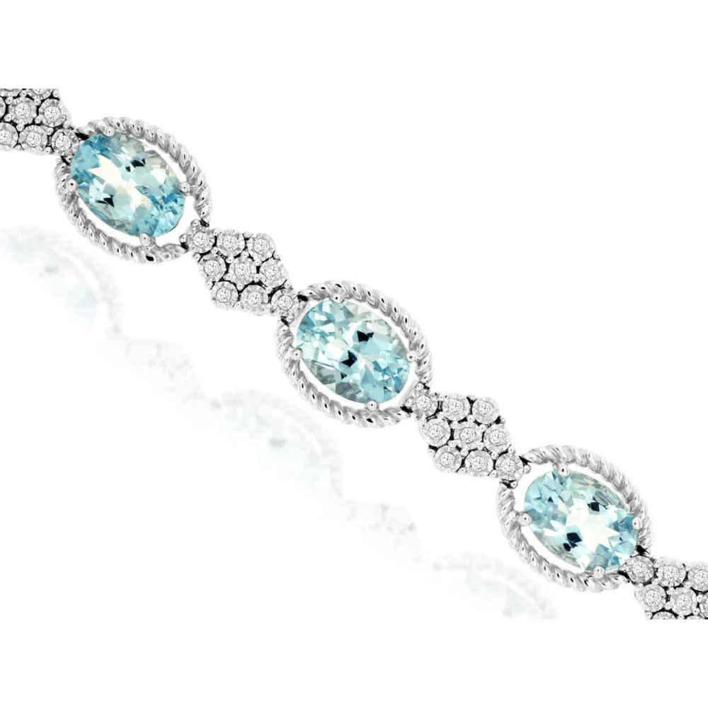14K White Gold Station Bracelet with 8.10 Carat Oval Aquamarine and 0.33 Carat Round Diamond Links - Royal Jewelry