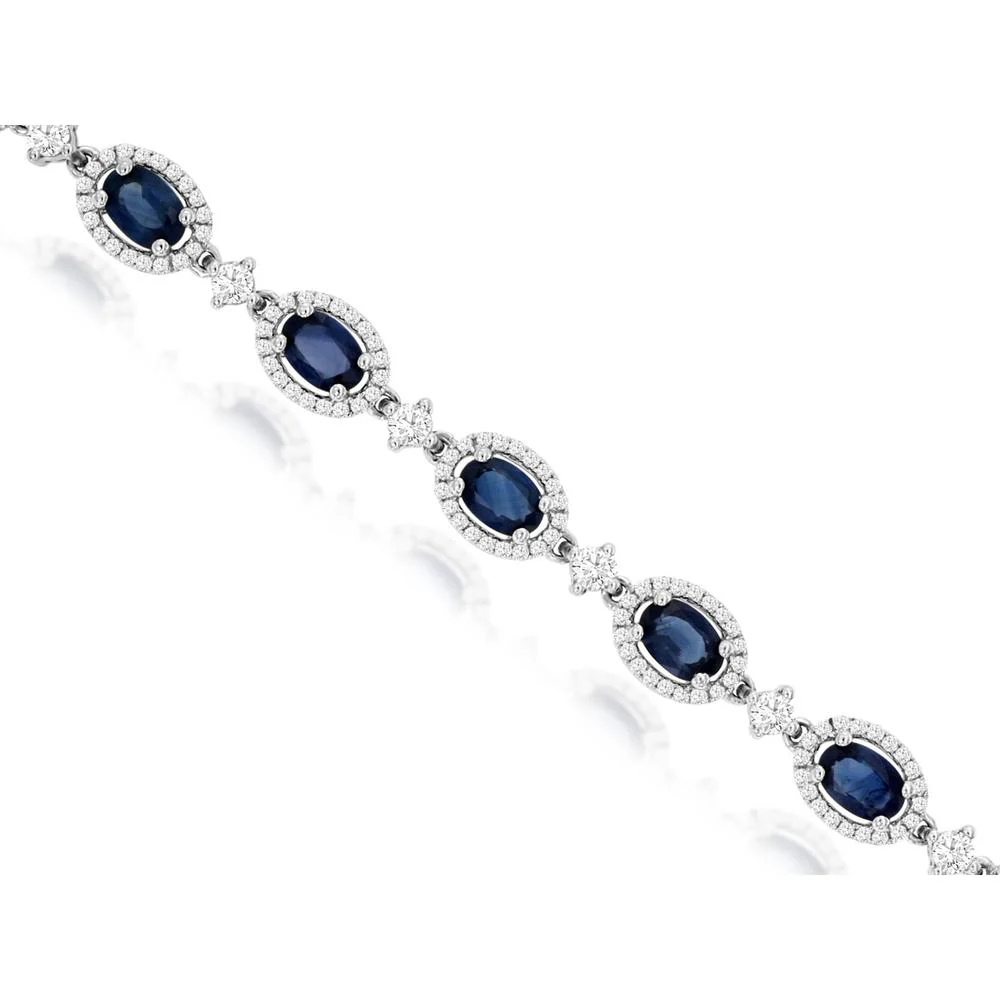 14K White Gold Station Bracelet with 8.45 Carat Oval Sapphire and 2.00 Carat Diamond Halo Accents - Royal Jewelry