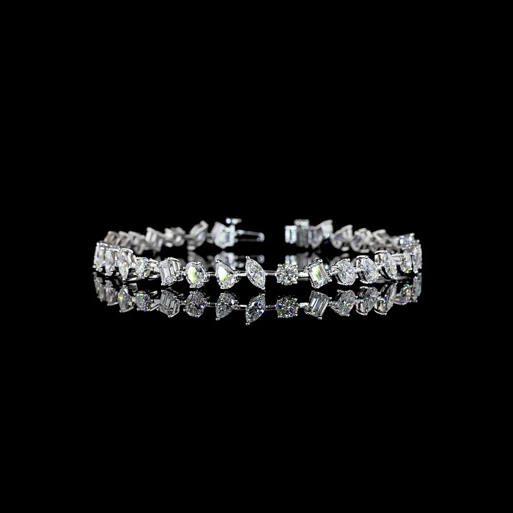 14K White Gold Station Bracelet with Mixed Shape Lab Diamonds - Emerald, Round, Oval & Pear Cuts - 7.24 Carat Total Weight - Covaloro Fine Jewelry