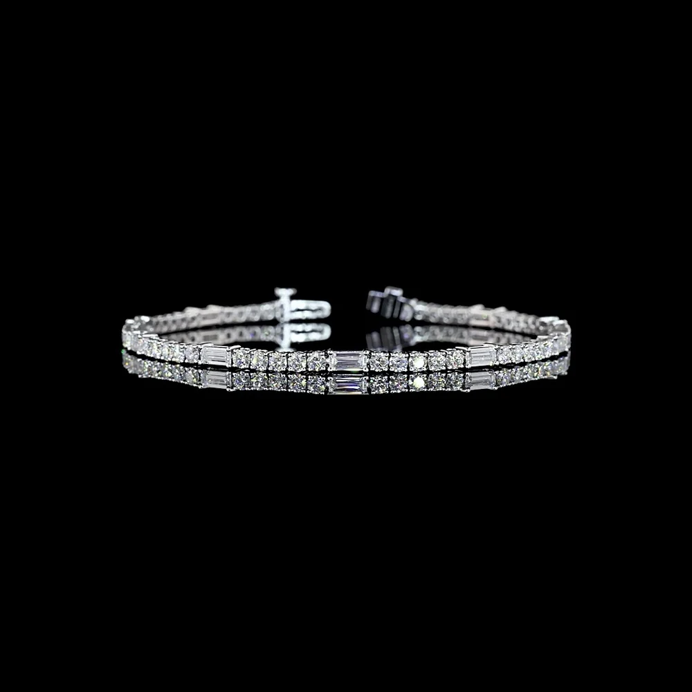 14K White Gold Station Line Tennis Bracelet with East-West Baguette and Round Lab Diamonds - 4.23 Carats Total Diamond Weight - Covaloro Fine Jewelry