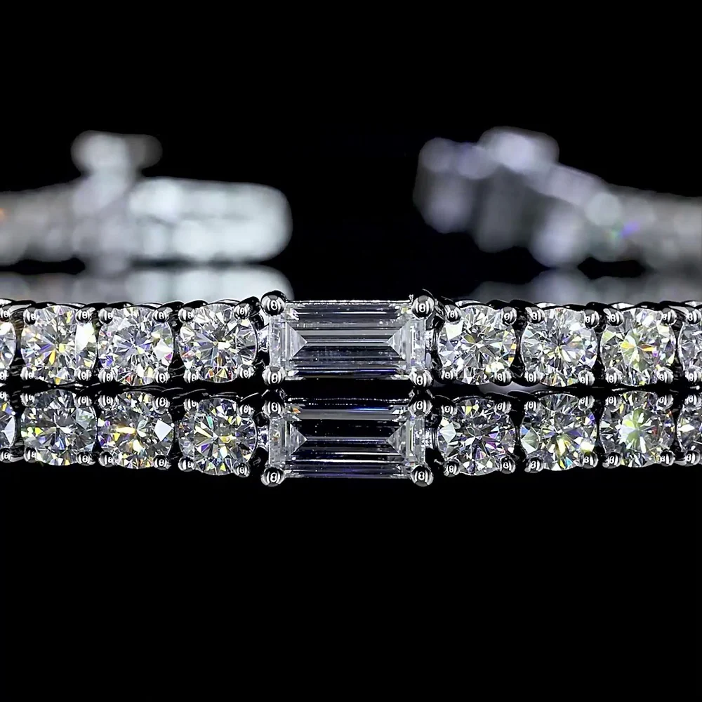 14K White Gold Station Line Tennis Bracelet with East-West Baguette and Round Lab Diamonds - 4.23 Carats Total Diamond Weight - Covaloro Fine Jewelry - Image 2