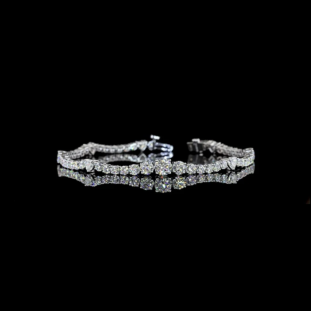 14K White Gold Station Line Tennis Bracelet with Round and Heart Shape Lab Diamonds - 5.81 Carat Total Weight - Covaloro Fine Jewelry