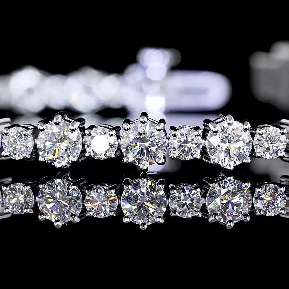 14K White Gold Station Line Tennis Bracelet with Round Brilliant Cut Lab Diamonds - 5.82 Carat Total Weight, E-F VS Clarity - Covaloro Fine Jewelry - Image 2