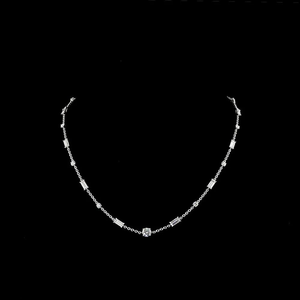 14K White Gold Station Necklace with Prong Set Round and Baguette Lab Diamonds - 4.14 Carat Total Weight - Covaloro Fine Jewelry
