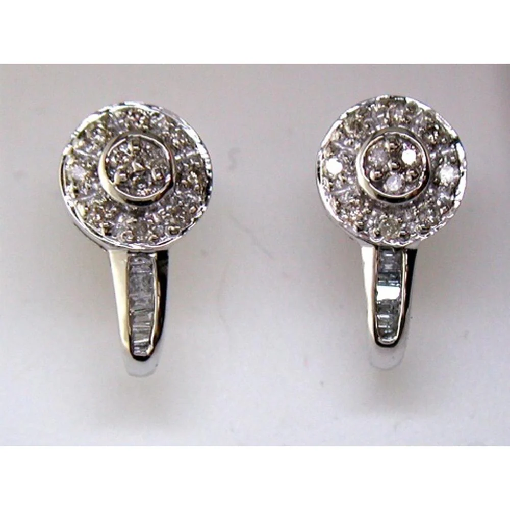 14K White Gold Stud Earrings with Round and Baguette Diamonds - 0.25 Carat Total Diamond Weight - Royal Jewelry