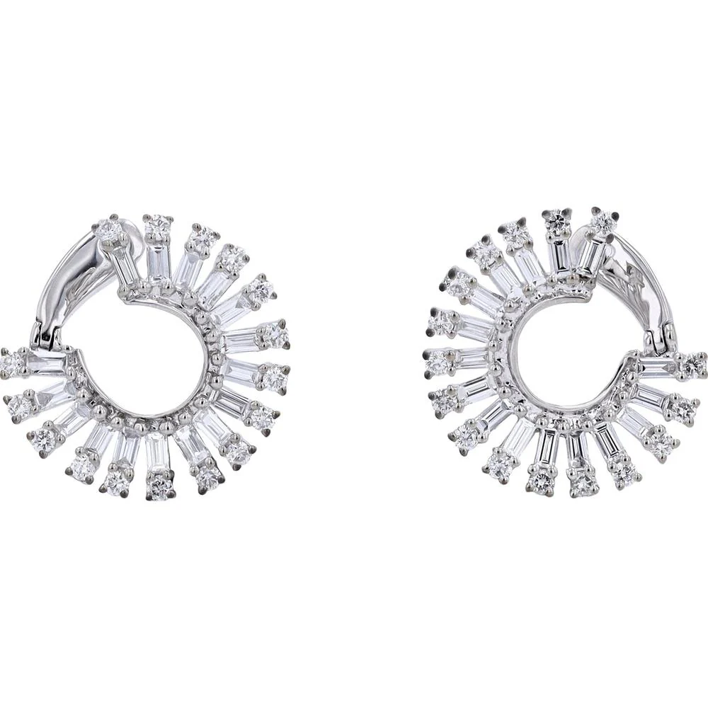 14K White Gold Sunburst Diamond Huggie Earrings - 1.50 Carat Total Diamond Weight