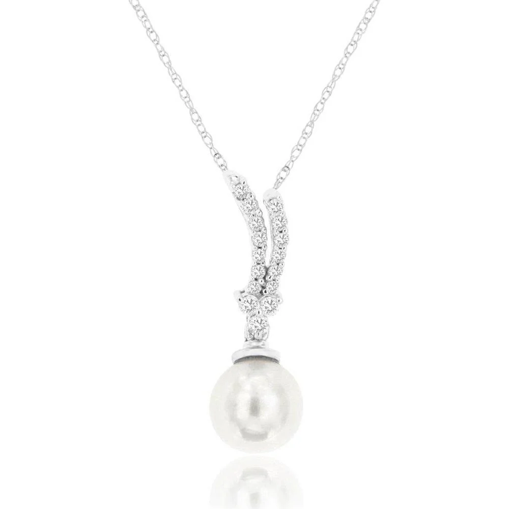 14K White Gold Swirling Diamond & Pearl Pendant with 0.15 Carat Round Diamonds and Lustrous Cultured Pearl - Royal Jewelry
