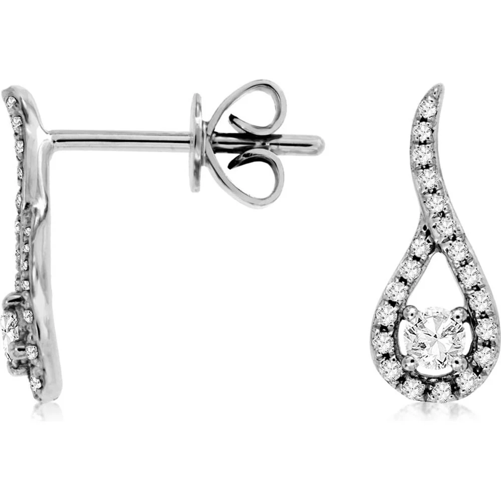14K White Gold Swirling Drop Earrings with Round Brilliant Diamonds - 0.24 Carat Total Diamond Weight - Royal Jewelry