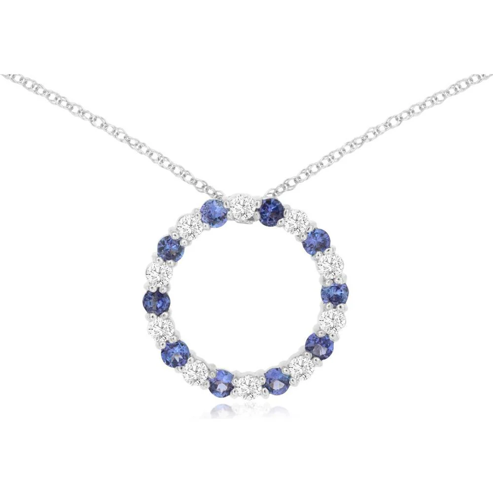 14K White Gold Tanzanite & Diamond Circle Pendant - 1.00 Carat Total Gem Weight - Royal Jewelry