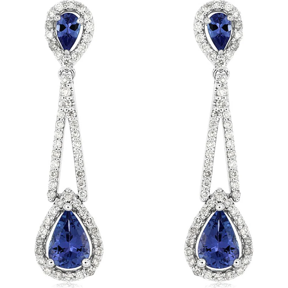 14K White Gold Tanzanite and Diamond Drop Earrings - 0.66 Carats Total Tanzanite Weight, 1.95 Carats Total Diamond Weight - Royal Jewelry
