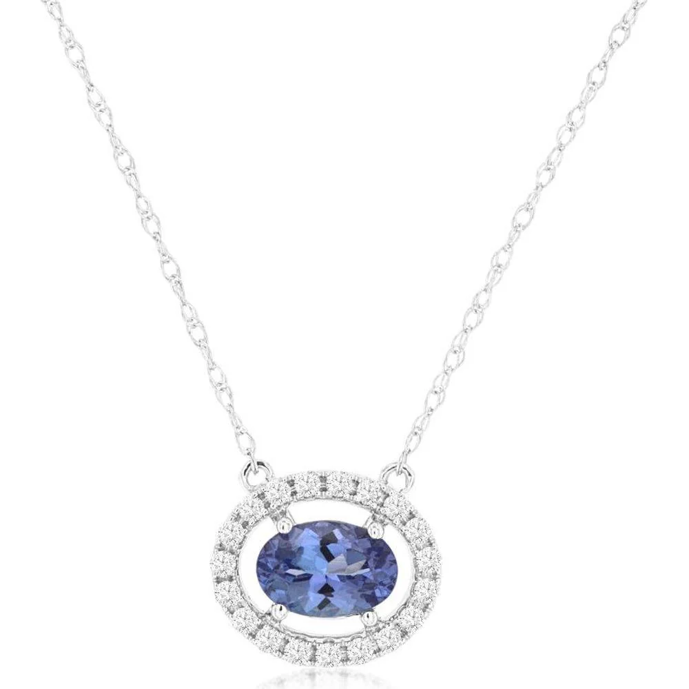 14K White Gold Tanzanite & Diamond Halo Necklace - 0.50 Carats Tanzanite Weight - Royal Jewelry