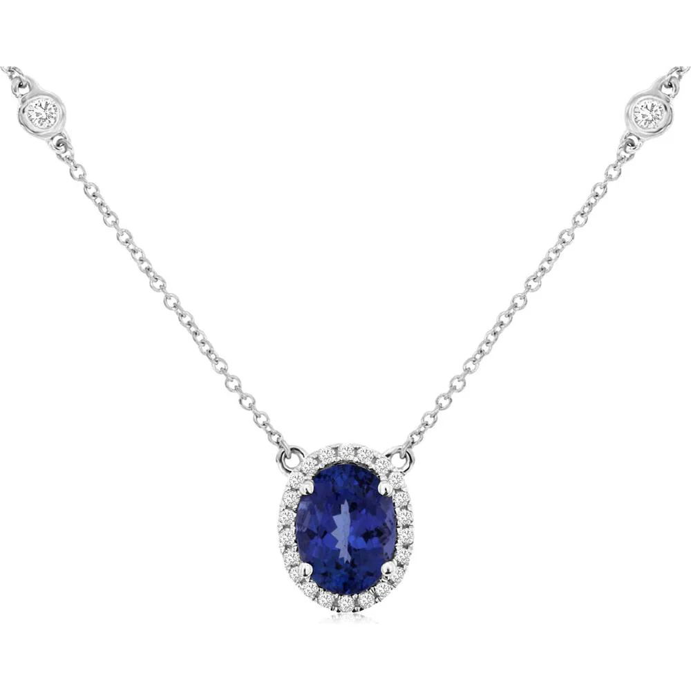 14K White Gold Tanzanite & Diamond Halo Necklace - 1.57 Carats Total Weight - Royal Jewelry