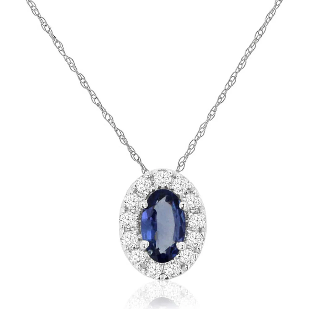 14K White Gold Tanzanite and Diamond Halo Pendant - 0.22 Carats Tanzanite, 0.10 Carats Diamond Total Weight - Royal Jewelry