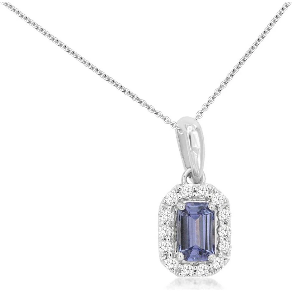14K White Gold Tanzanite and Diamond Halo Pendant with Emerald-Cut Tanzanite - 0.32 Carat Tanzanite and 0.10 Carat Total Diamond Weight - Royal Jewelry