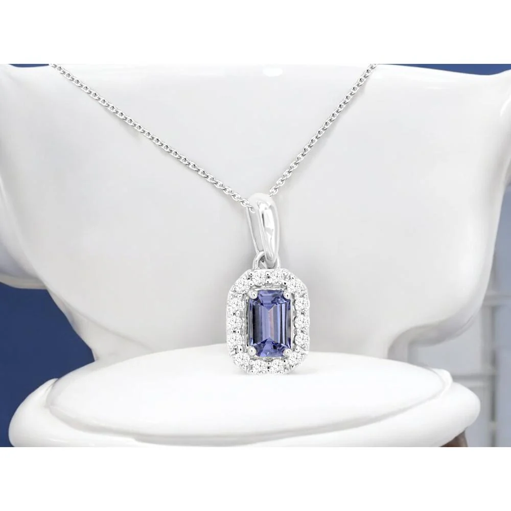 14K White Gold Tanzanite and Diamond Halo Pendant with Emerald-Cut Tanzanite - 0.32 Carat Tanzanite and 0.10 Carat Total Diamond Weight - Royal Jewelry - Image 2